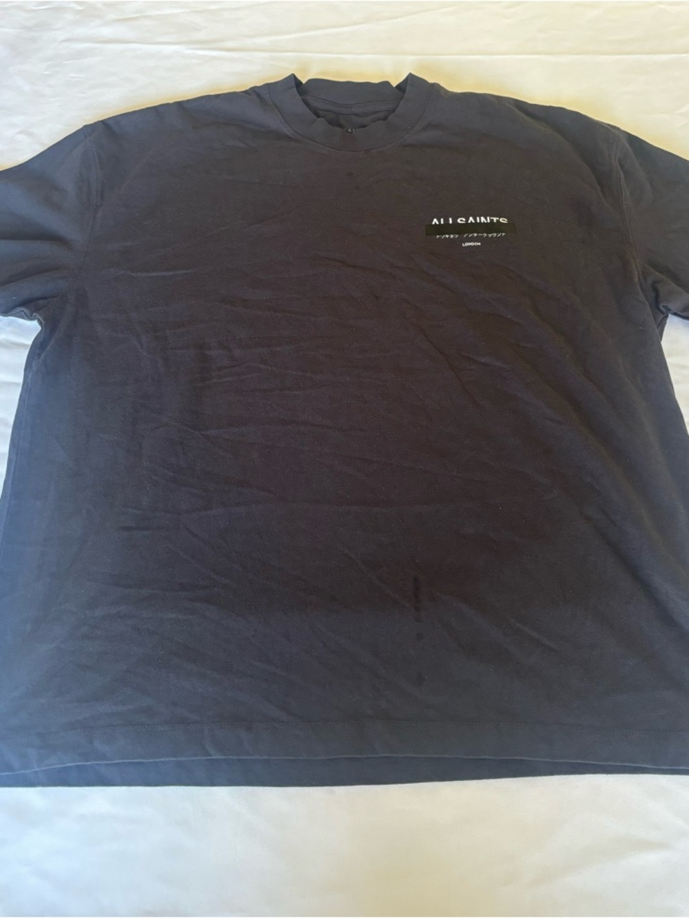All Saints Redact Oversized Embroidered Logo T Shirt Mens Sz XL charcoal
